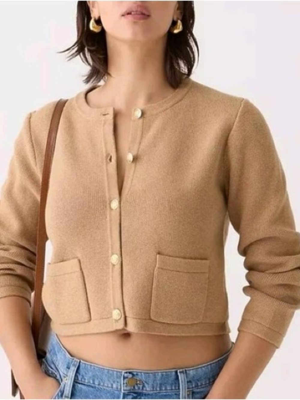 J. Crew Camel Cropped Crewneck Cardigan with Patch Pockets